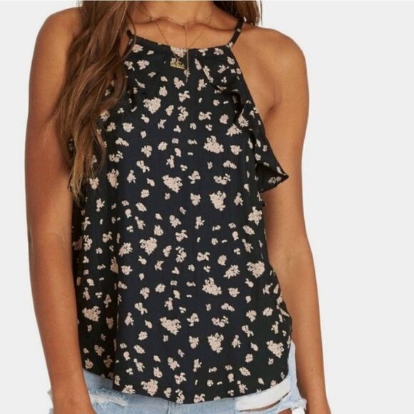 Billabong Navy Floral Swing Cropped Tank Top with Ruffles - Picture 2 of 15